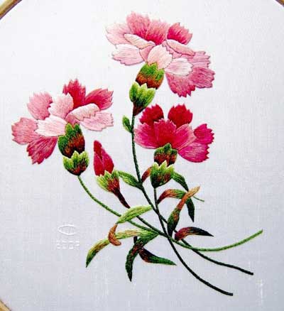 Hand Embroidered Carnations by Margaret Cobleigh