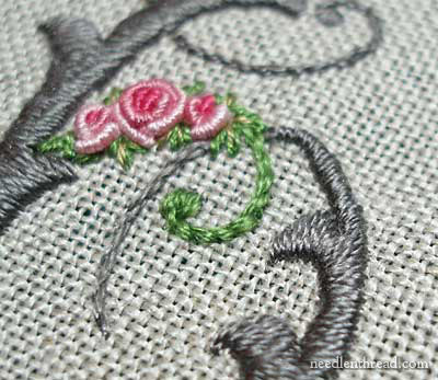 Embroidered needlebook progress - repaired monogram