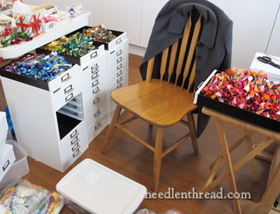 Art & Embroidery supplies storage and organization ideas + winding DMC  embroidery floss on bobbins 